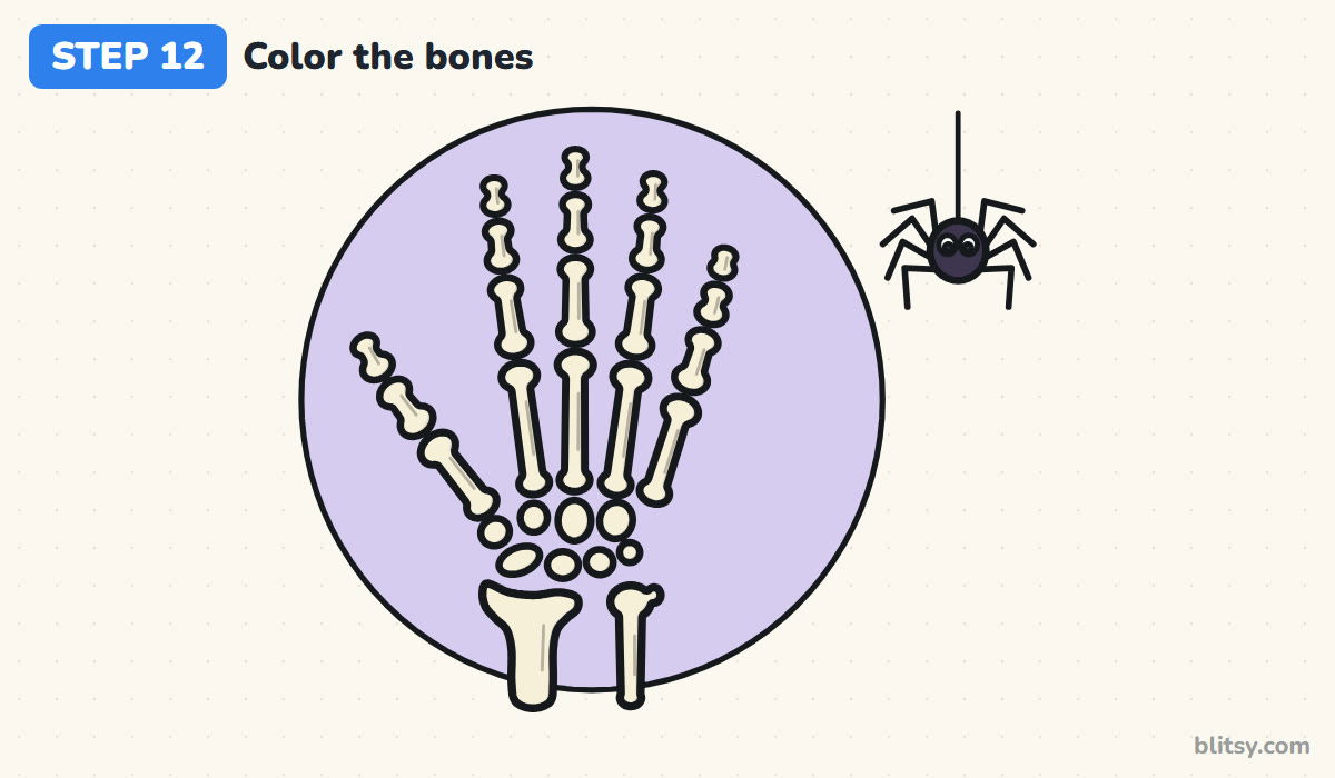 How to draw a skeleton hand step by step step 12 - color the bones and the moon
