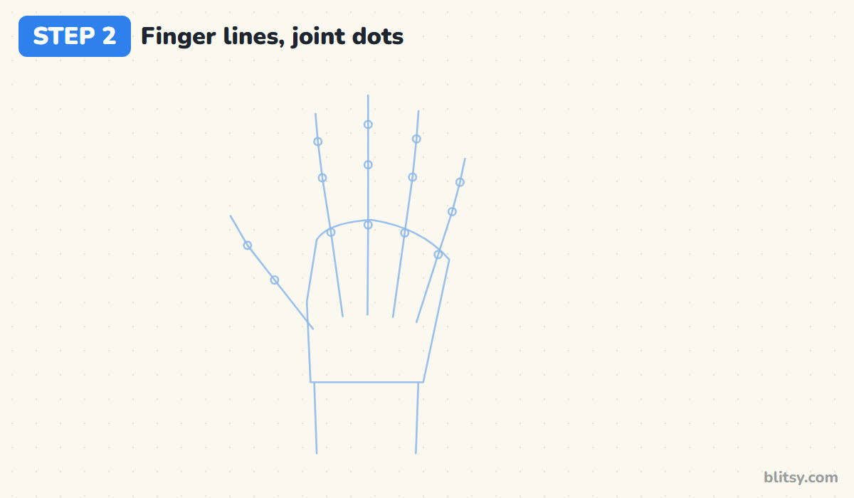 How to draw a skeleton hand step by step step 2 - add finger lines and joint dots