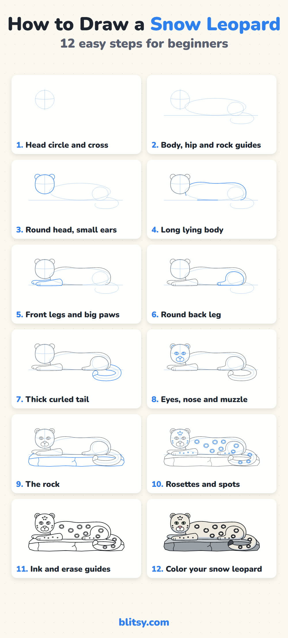 How to draw a snow leopard step by step - all 12 steps on one page (Pinterest)