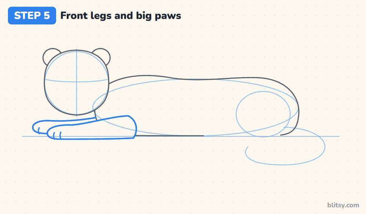 How to draw a snow leopard step by step step 5 - stretch out the front legs and big paws