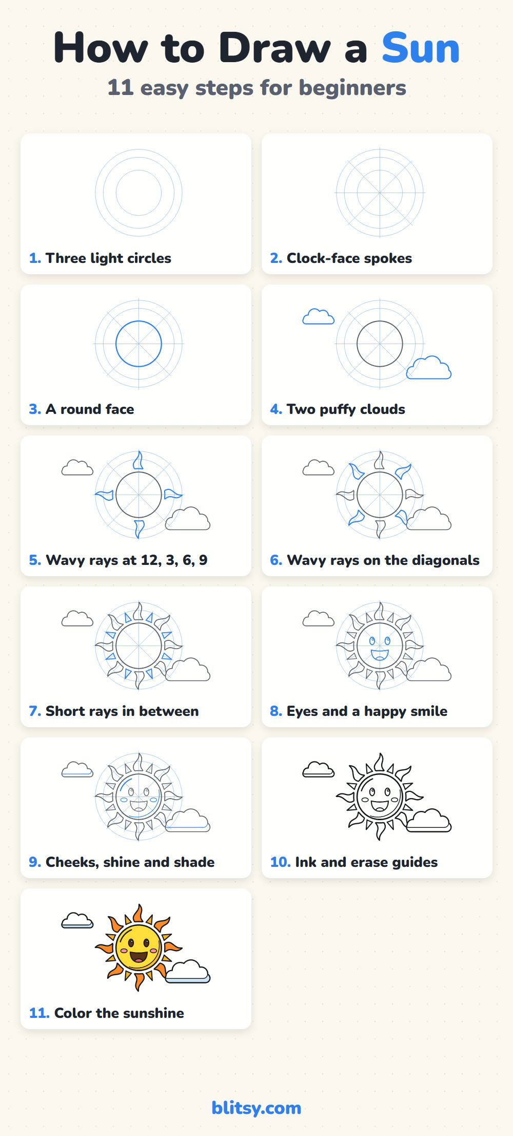 How to draw a sun step by step - all 11 steps on one page (Pinterest)