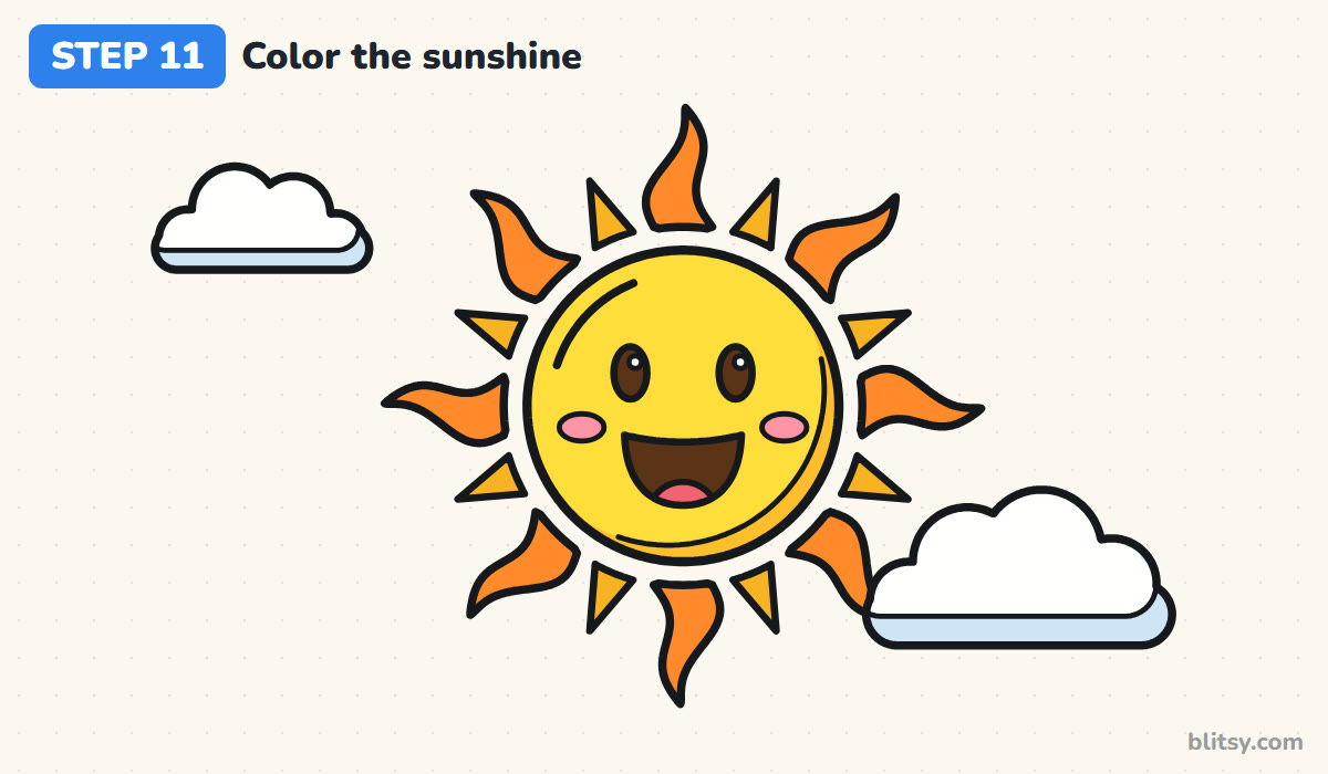 How to draw a sun step by step step 11 - color the sun and clouds