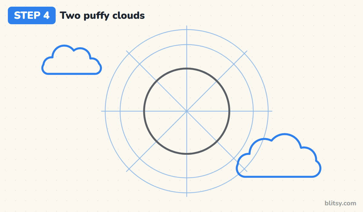 How to draw a sun step by step step 4 - sketch two puffy clouds