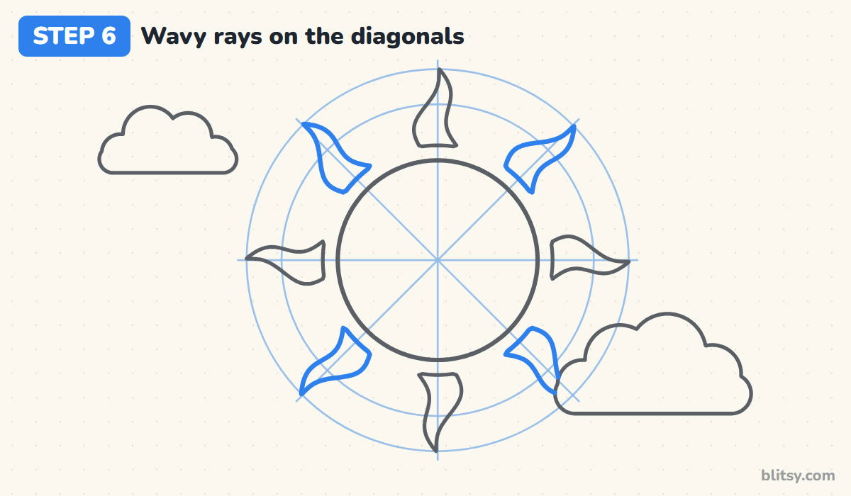 How to draw a sun step by step step 6 - fill in the diagonal wavy rays