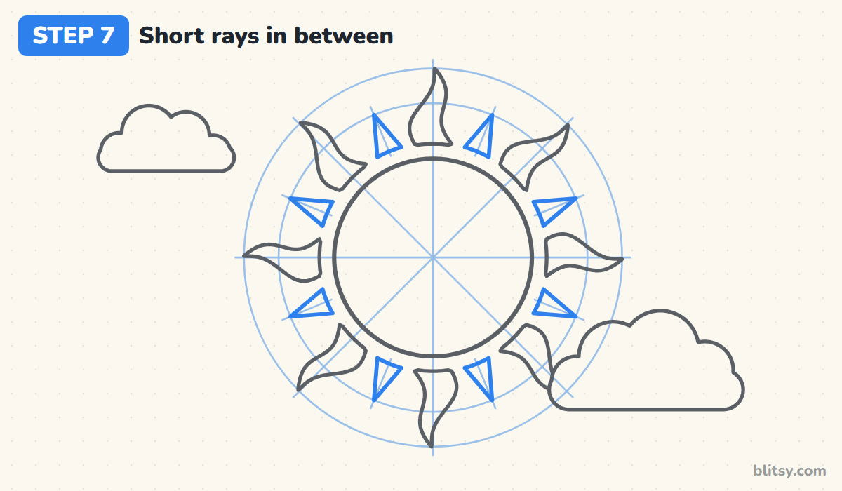 How to draw a sun step by step step 7 - add short triangle rays in between