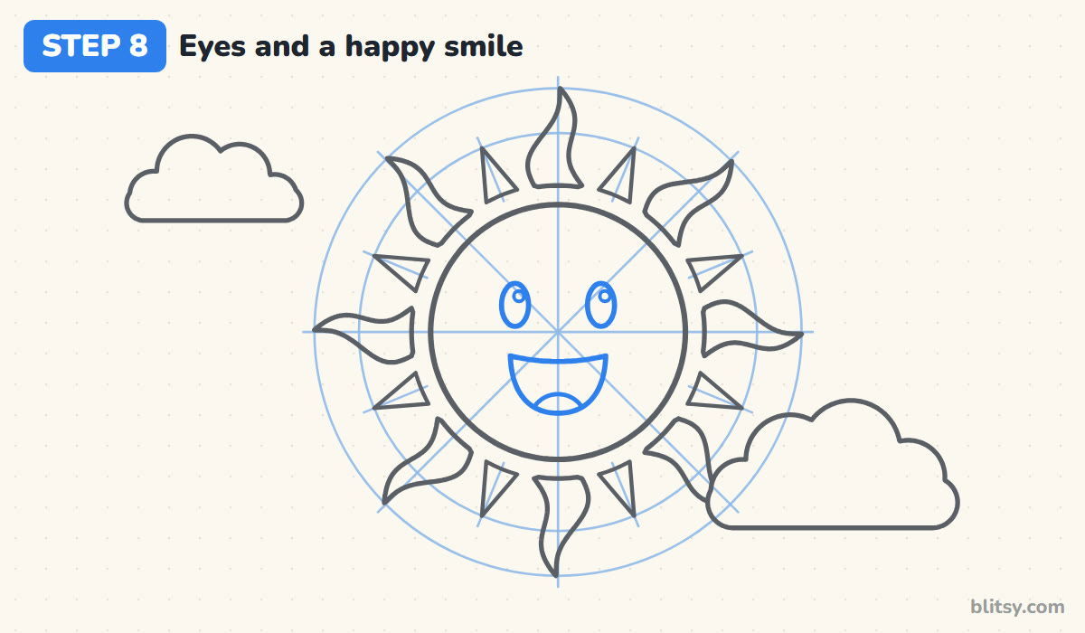 How to draw a sun step by step step 8 - give the sun eyes and a big smile