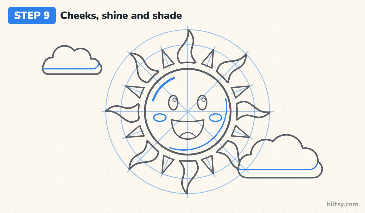 How to draw a sun step by step step 9 - draw cheeks, a shine and shade lines