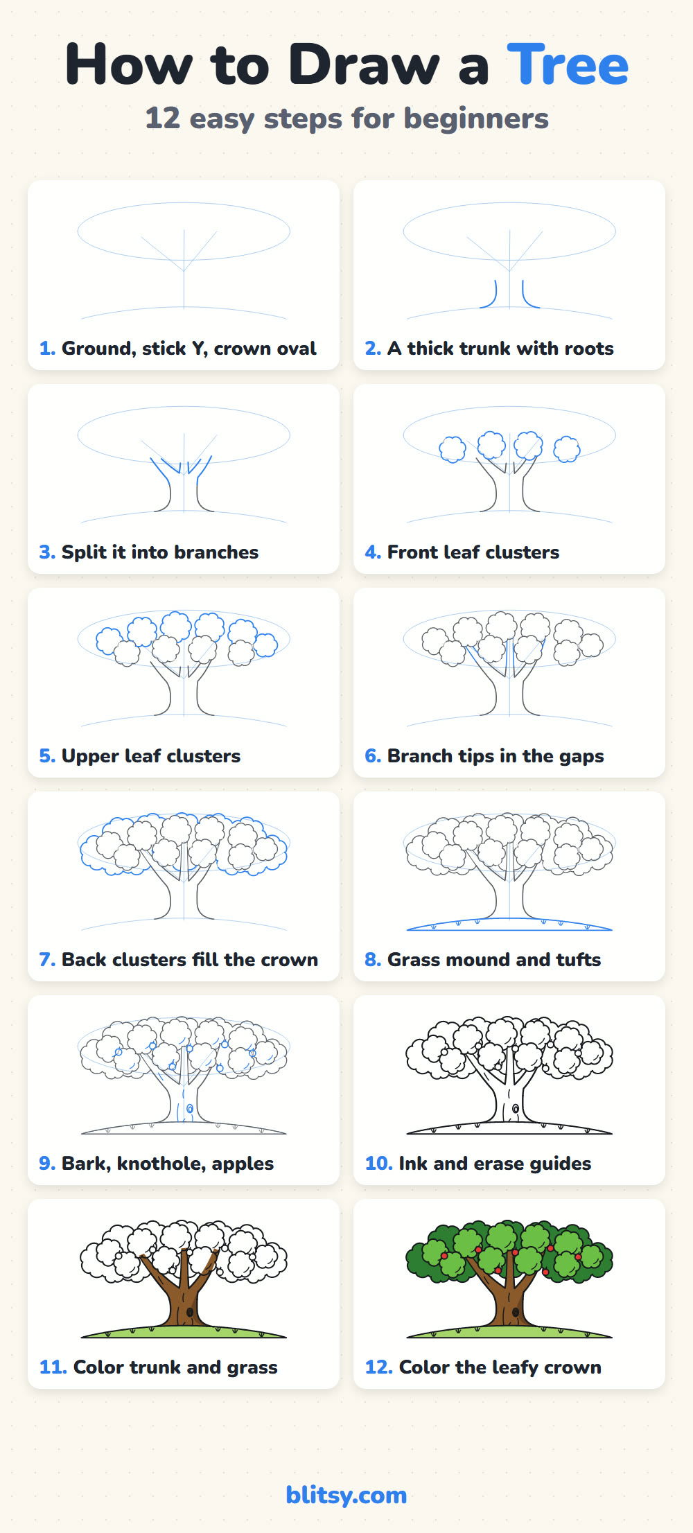 How to draw a tree step by step - all 12 steps on one page (Pinterest)