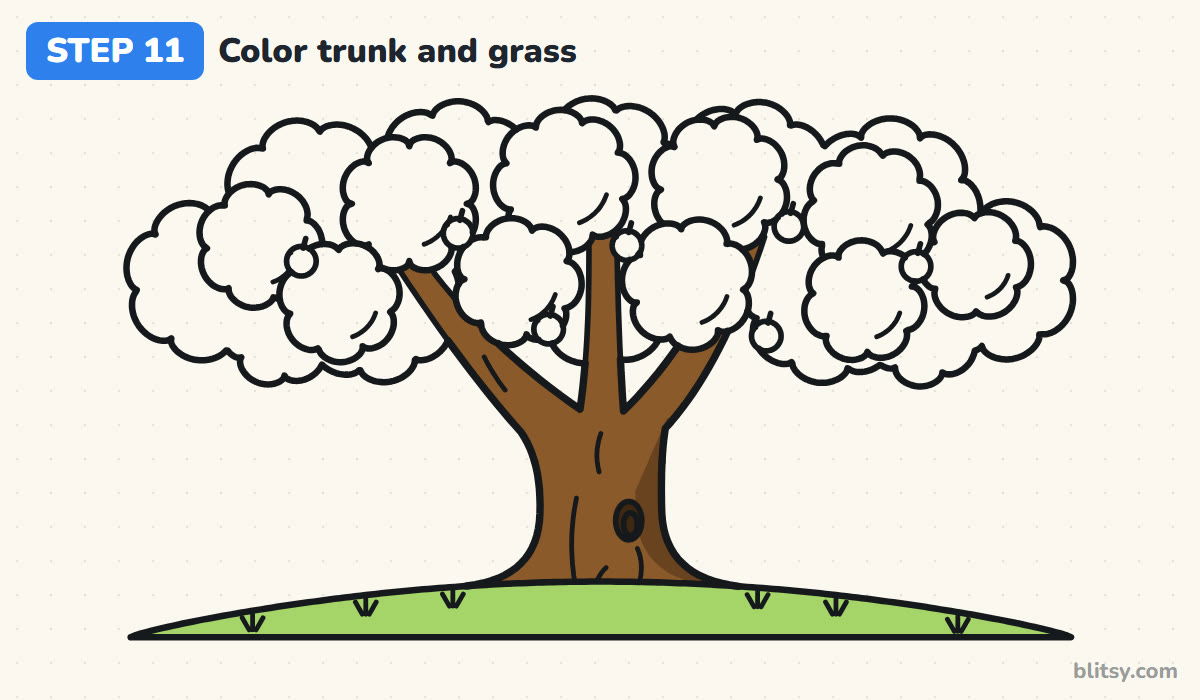 How to draw a tree step by step step 11 - color the trunk and the grass