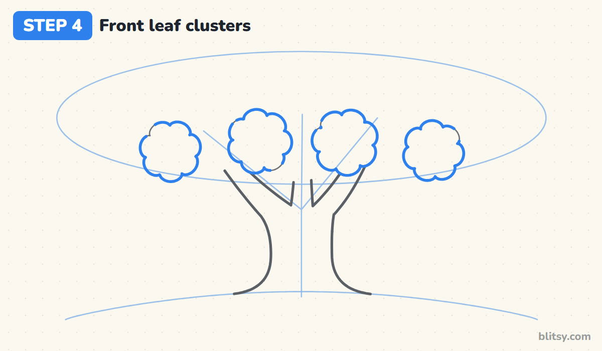 How to draw a tree step by step step 4 - add the front row of leaf clusters