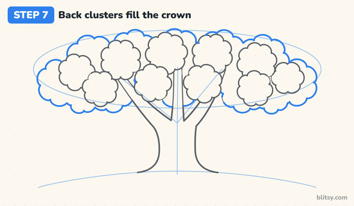 How to draw a tree step by step step 7 - fill the outer crown with back clusters