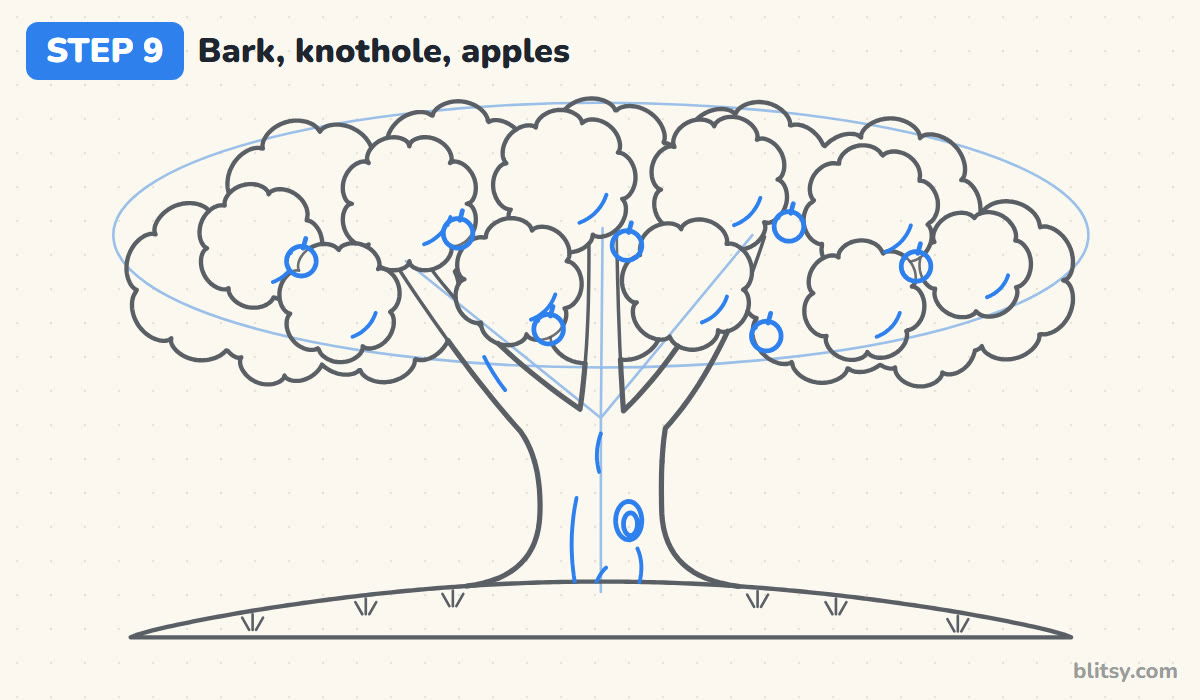 How to draw a tree step by step step 9 - add bark lines, a knothole and apples