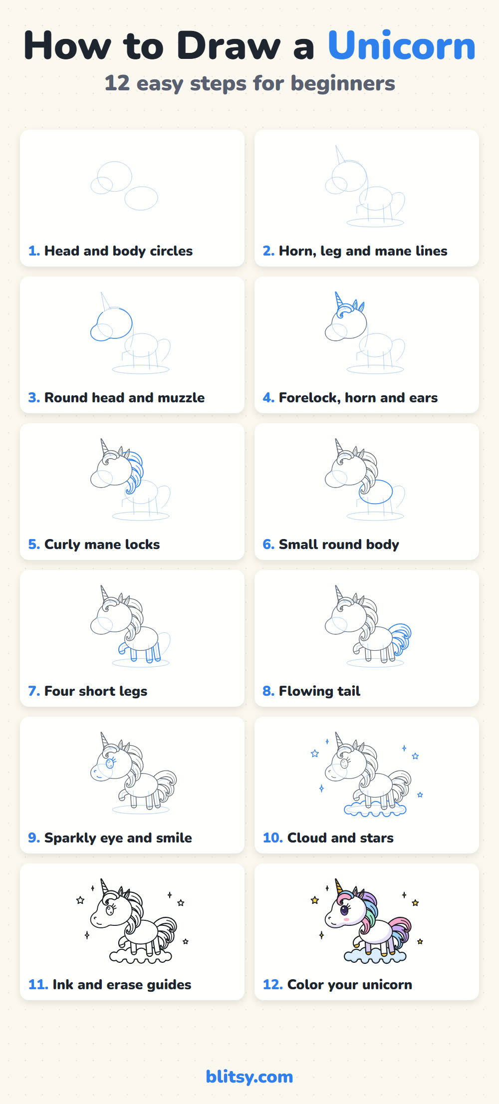 How to draw a unicorn step by step - all 12 steps on one page (Pinterest)