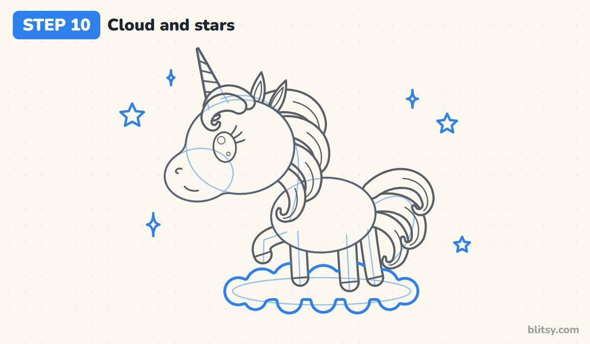 How to draw a unicorn step by step step 10 - add the cloud and some stars