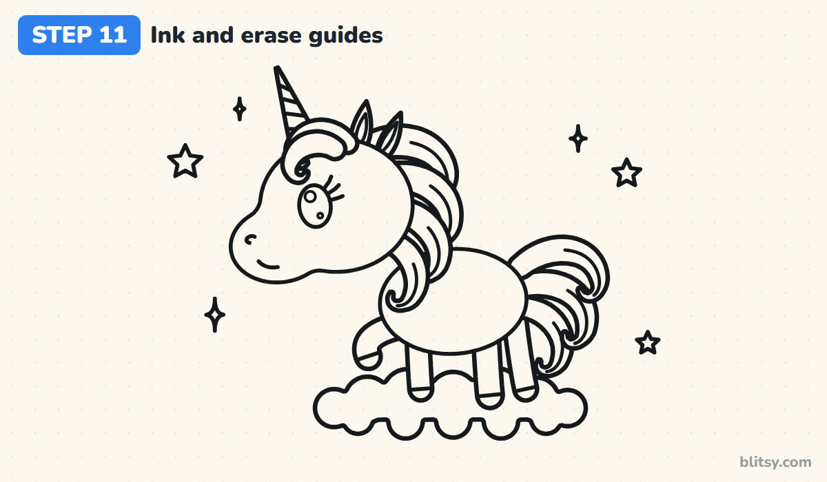 How to draw a unicorn step by step step 11 - ink the outline and erase the guides