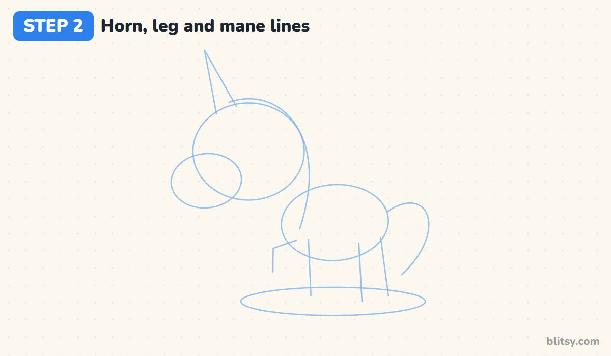 How to draw a unicorn step by step step 2 - sketch the horn, leg and mane guides