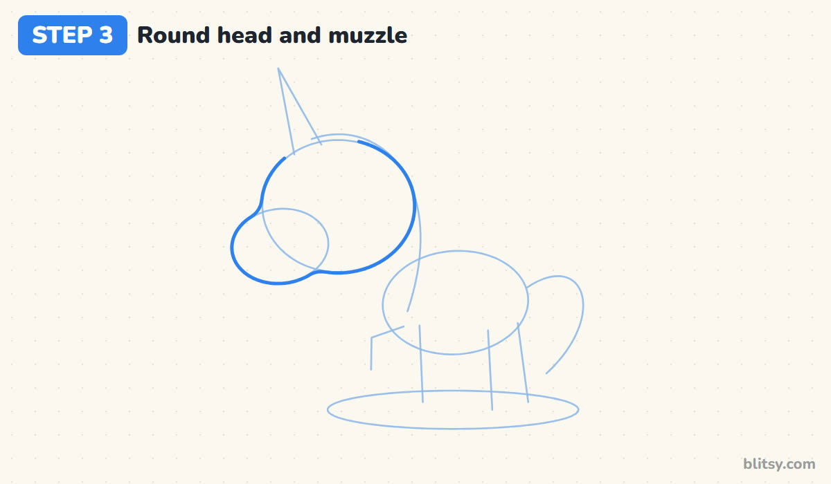 How to draw a unicorn step by step step 3 - draw the round head and muzzle