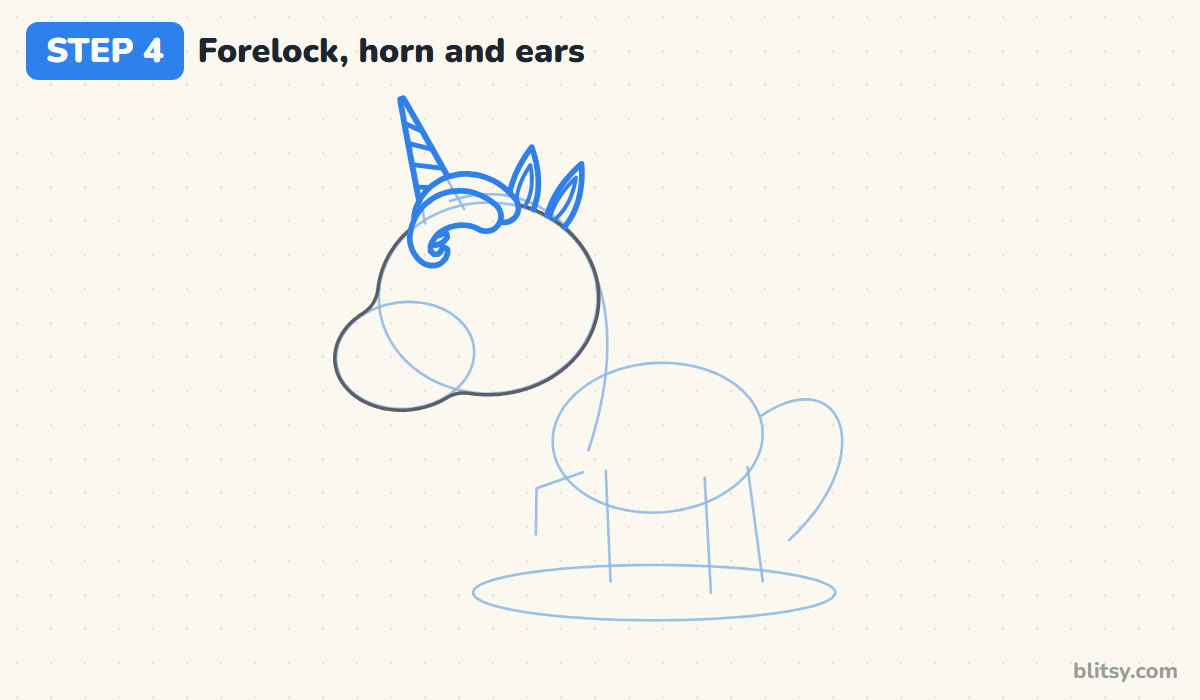 How to draw a unicorn step by step step 4 - add the forelock, spiral horn and ears