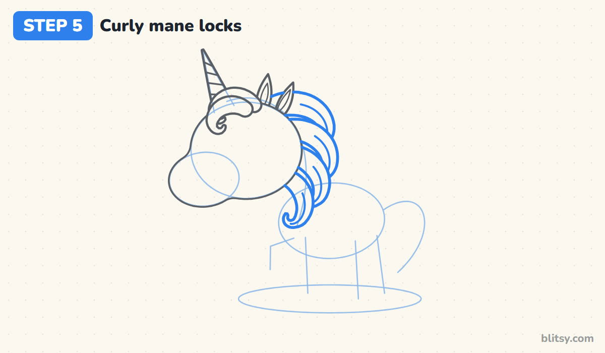How to draw a unicorn step by step step 5 - draw the curly mane locks