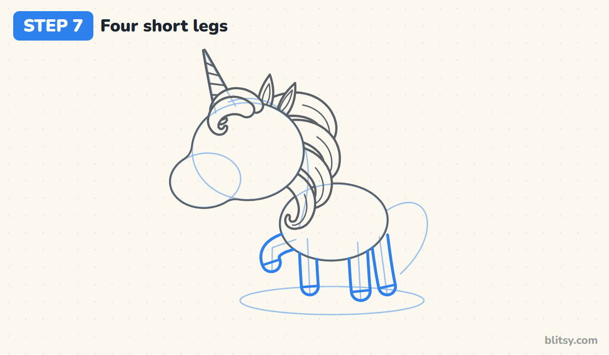 How to draw a unicorn step by step step 7 - add four short legs with hooves