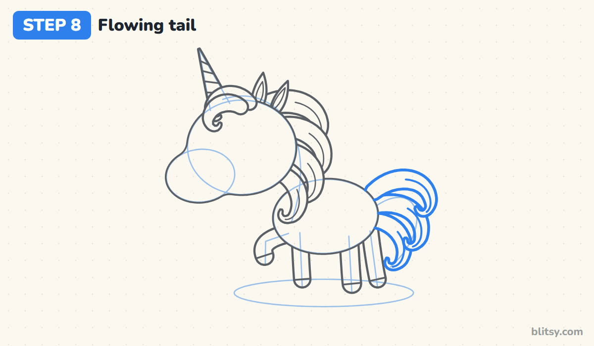 How to draw a unicorn step by step step 8 - draw the flowing tail