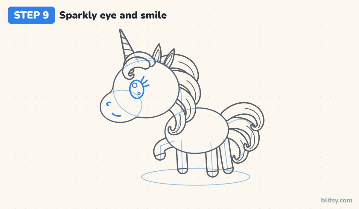 How to draw a unicorn step by step step 9 - give it a sparkly eye and a smile