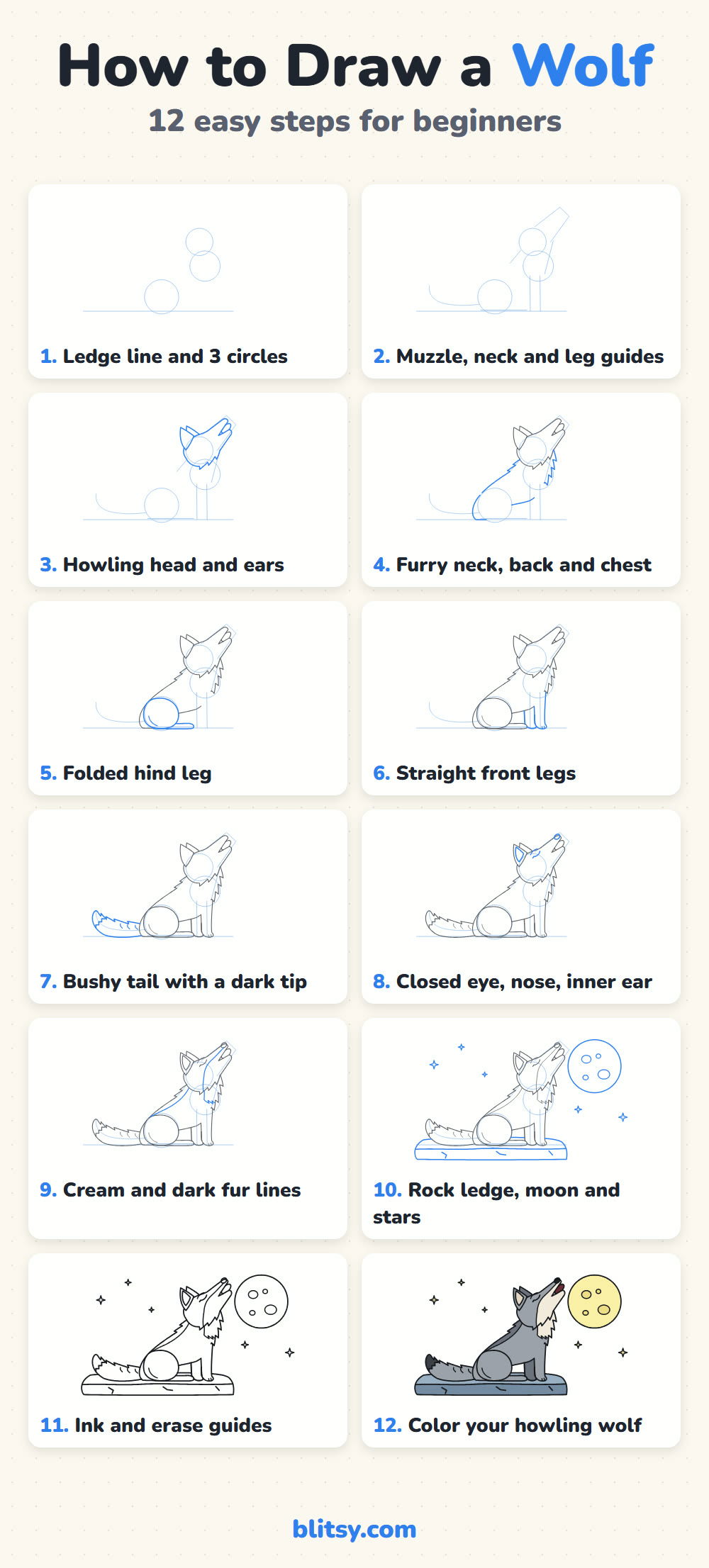 How to draw a wolf step by step - all 12 steps on one page (Pinterest)