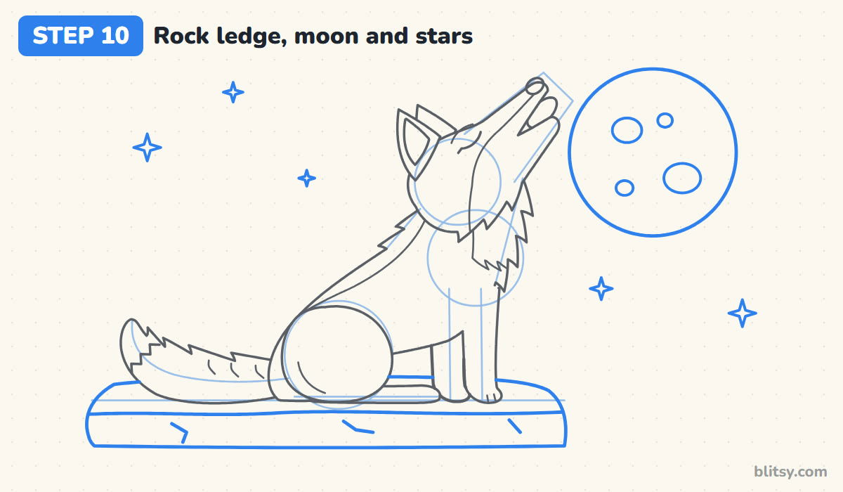 How to draw a wolf step by step step 10 - add the rock and a full moon