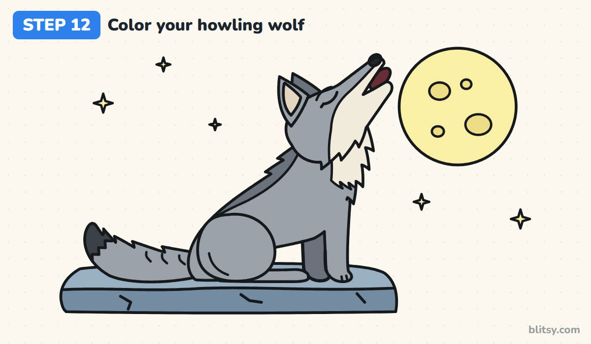 How to draw a wolf step by step step 12 - color your howling wolf