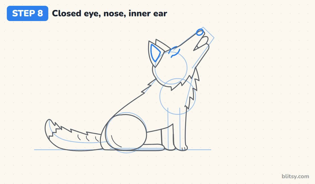 How to draw a wolf step by step step 8 - draw the closed eye and nose