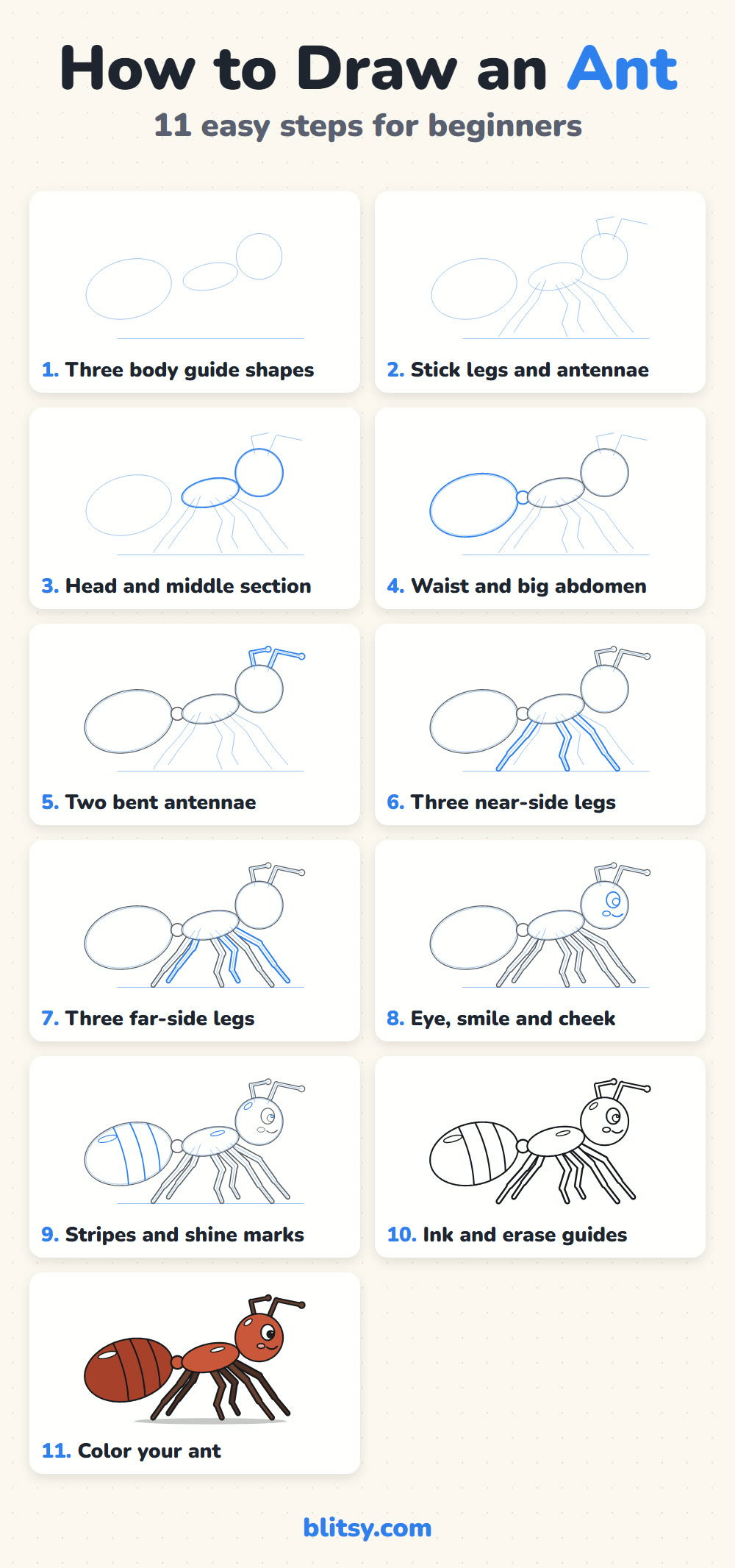 How to draw an ant step by step - all 11 steps on one page (Pinterest)