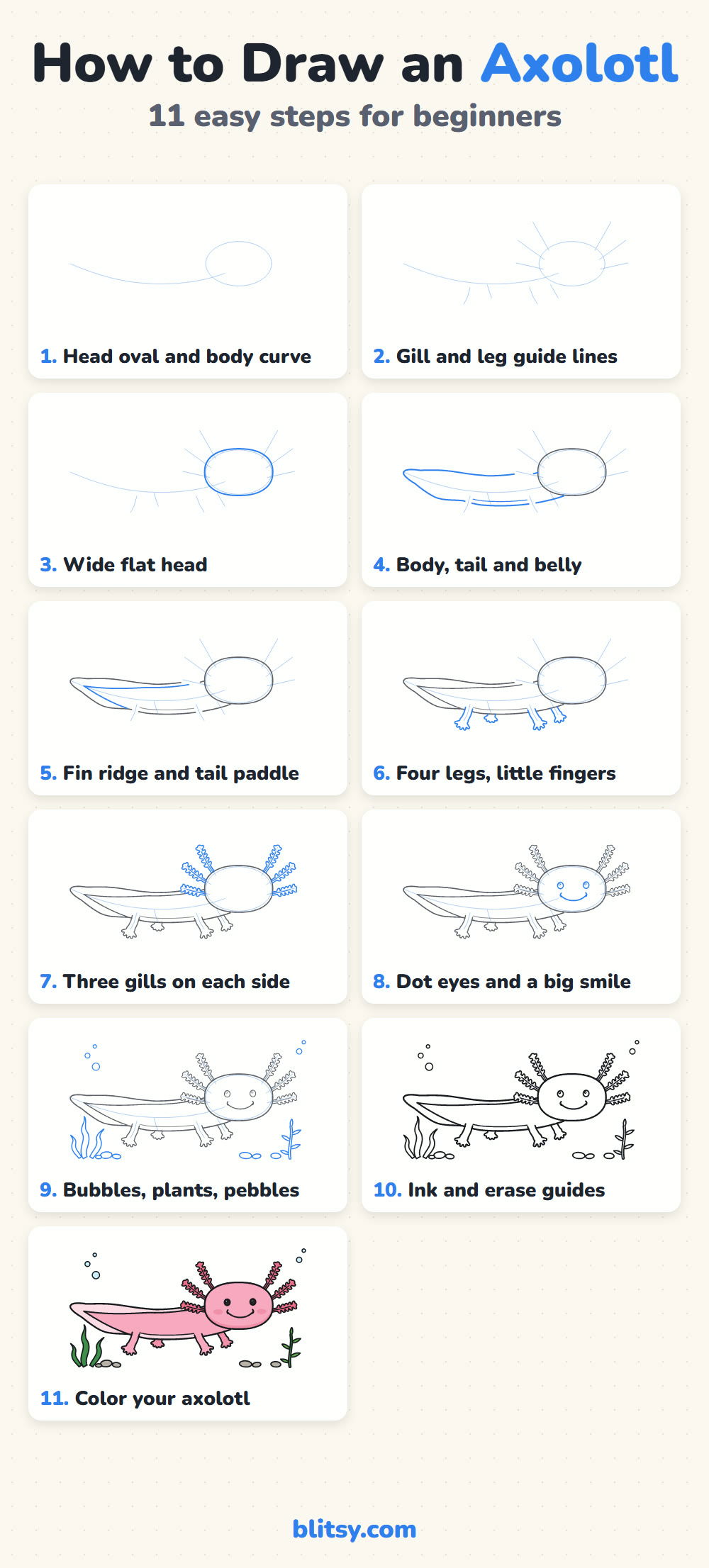 How to draw an axolotl step by step - all 11 steps on one page (Pinterest)
