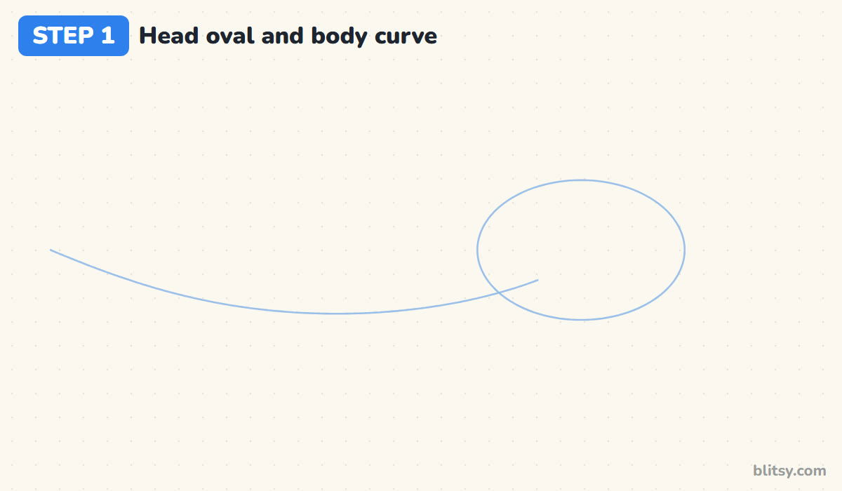 How to draw an axolotl step by step step 1 - sketch a head oval and a body curve