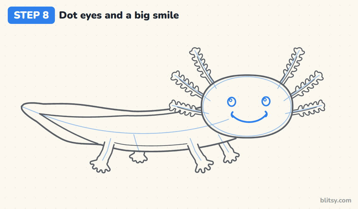 How to draw an axolotl step by step step 8 - give it dot eyes and a big smile