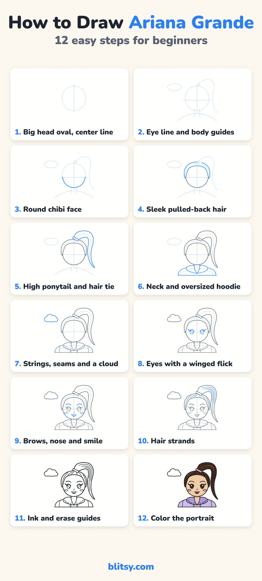 How to draw ariana grande step by step - all 12 steps on one page (Pinterest)
