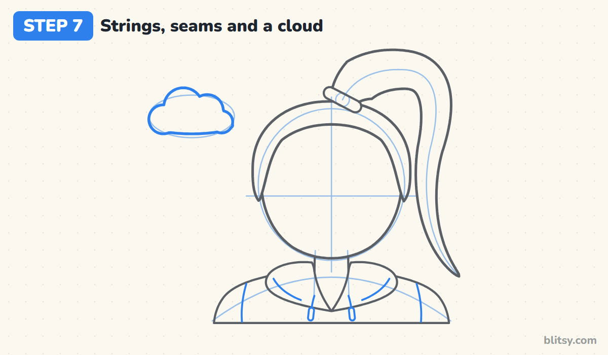 How to draw ariana grande step by step step 7 - draw the strings, seams and a cloud