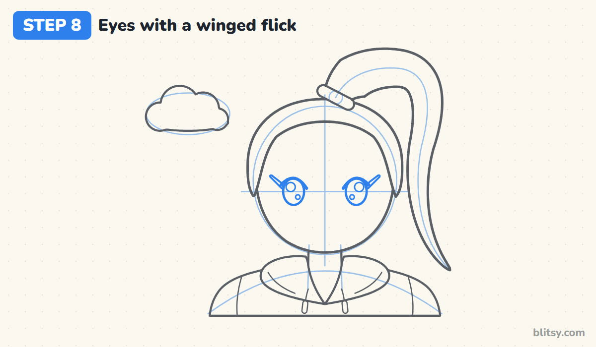 How to draw ariana grande step by step step 8 - draw big eyes with a winged flick