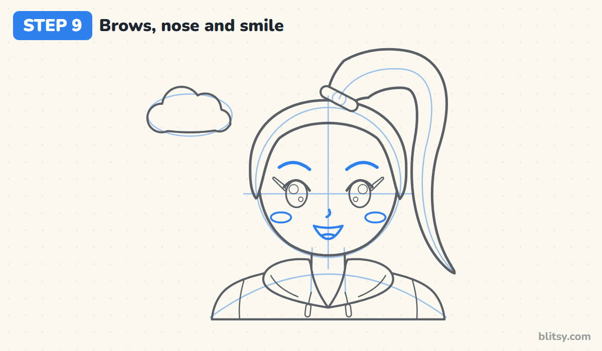 How to draw ariana grande step by step step 9 - add the brows, nose and smile