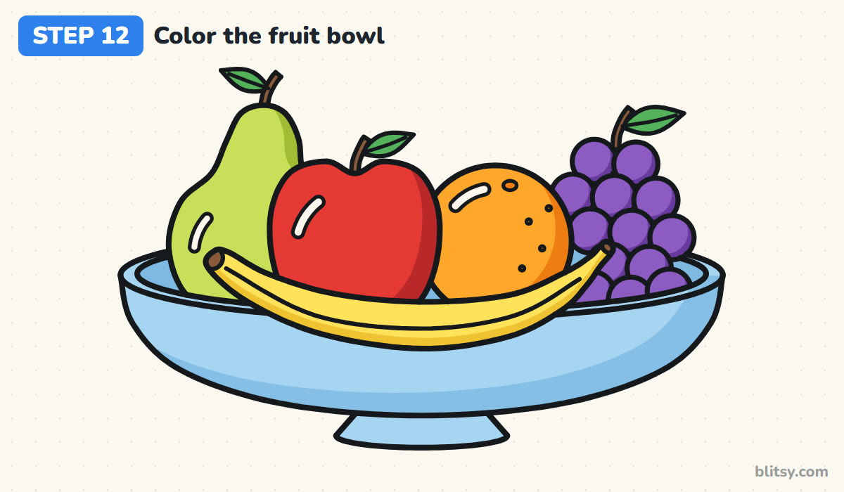 How to draw fruit step by step step 12 - color the fruit bowl