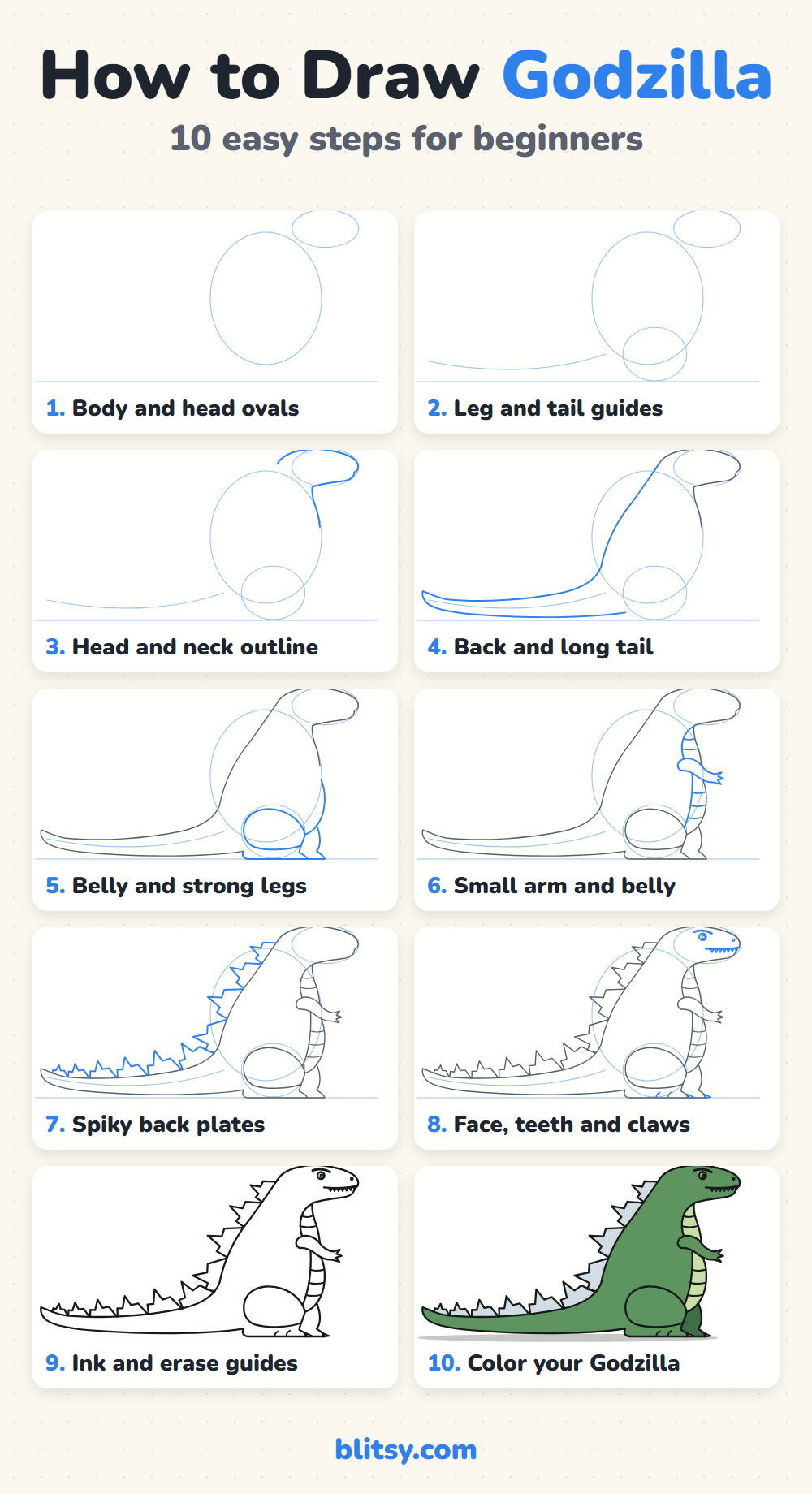 How to draw godzilla step by step - all 10 steps on one page (Pinterest)