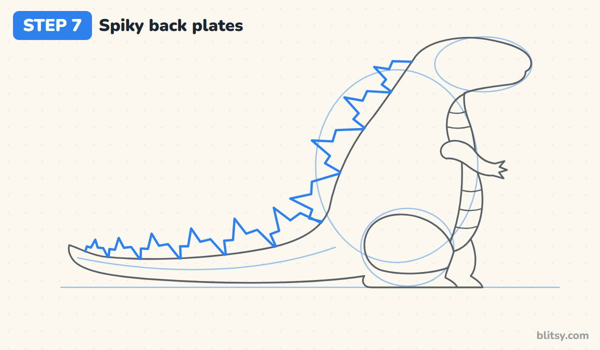 How to draw godzilla step by step step 7 - draw the spiky back plates