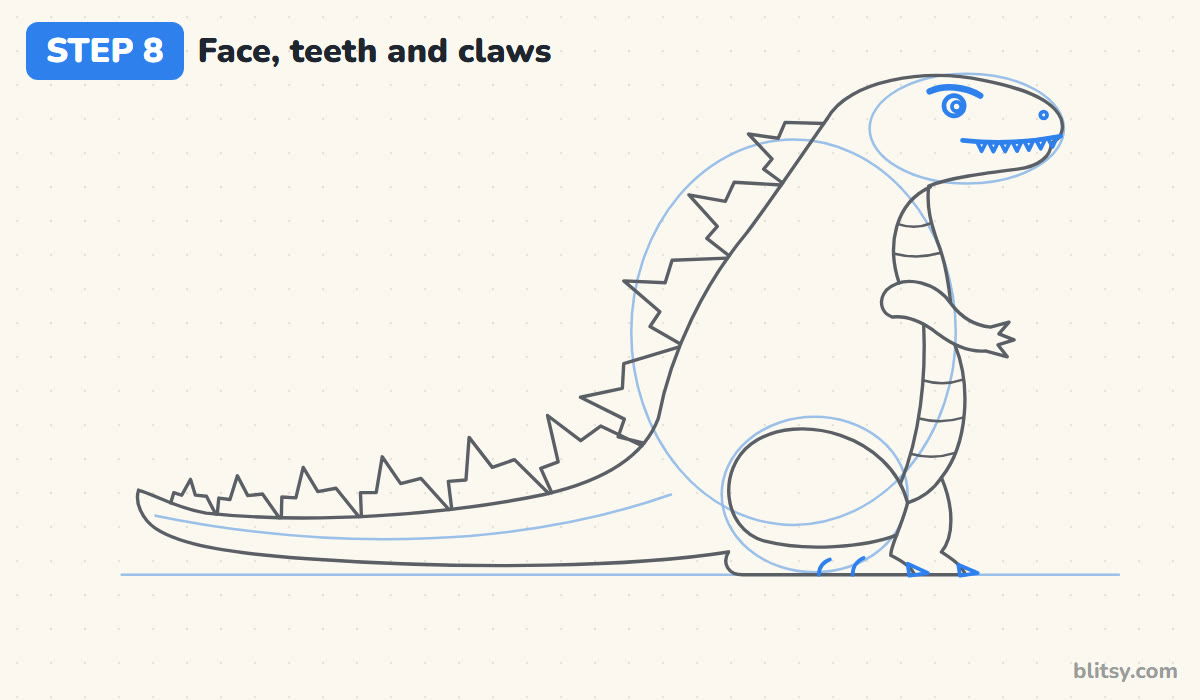 How to draw godzilla step by step step 8 - add the face, teeth and claws