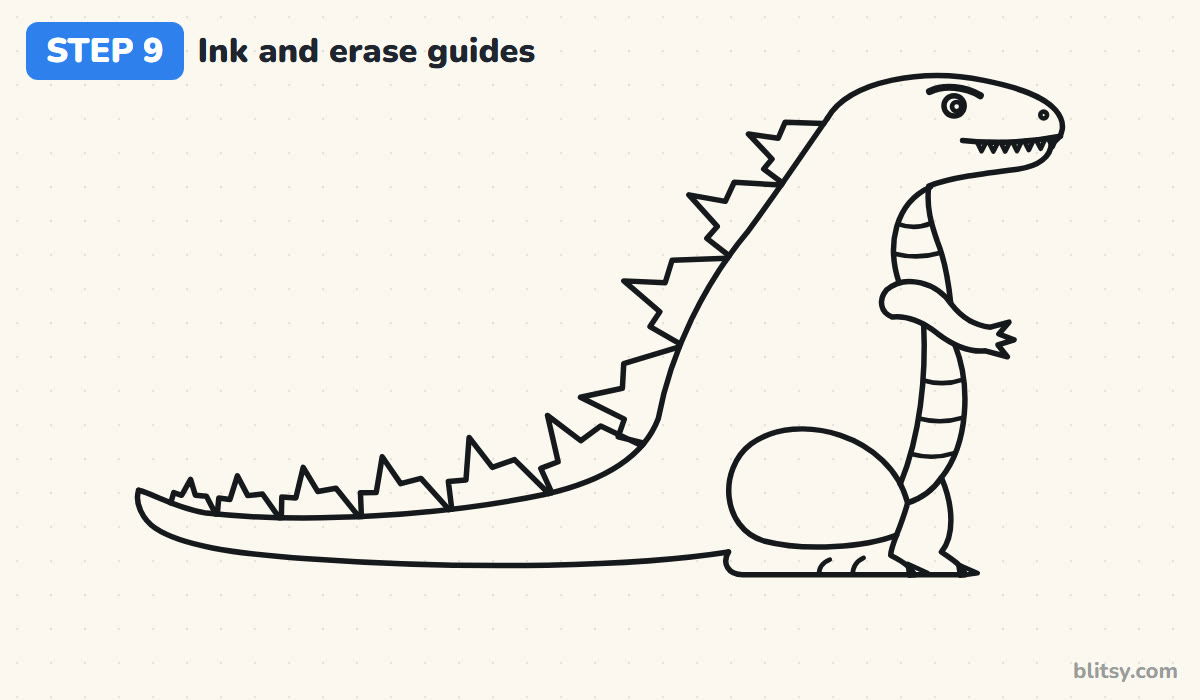 How to draw godzilla step by step step 9 - ink the lines and erase the guides