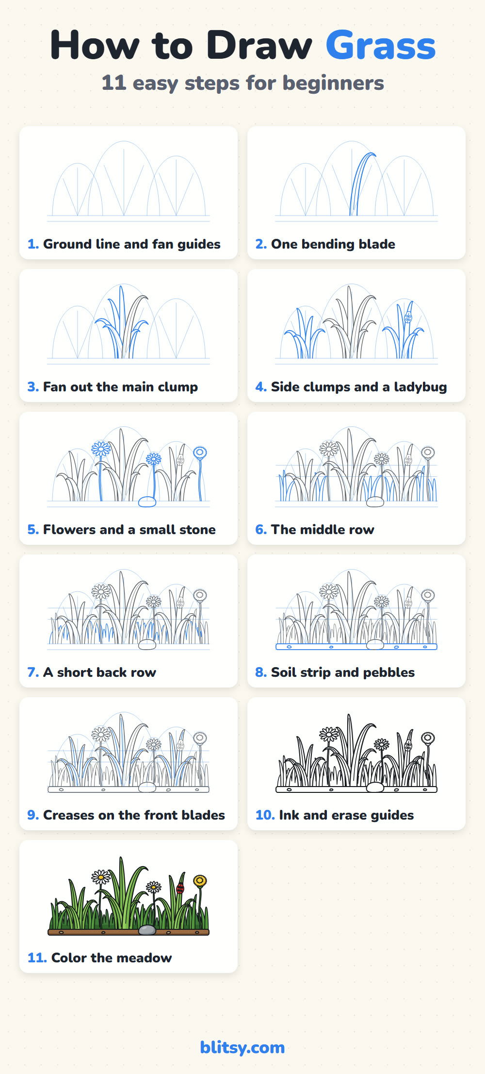 How to draw grass step by step - all 11 steps on one page (Pinterest)