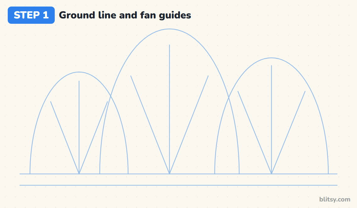 How to draw grass step by step step 1 - draw the ground line and fan guides