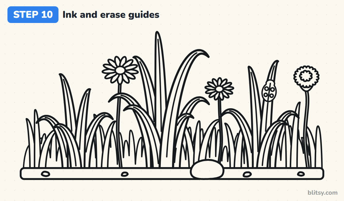 How to draw grass step by step step 10 - ink the lines and erase the guides