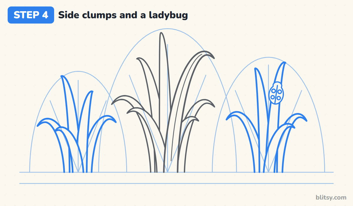 How to draw grass step by step step 4 - add the side clumps and a ladybug