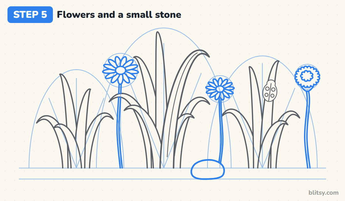 How to draw grass step by step step 5 - draw the flowers and a small stone