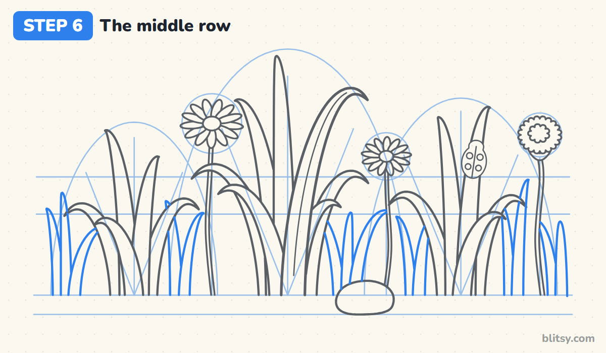 How to draw grass step by step step 6 - fill the gaps with a middle row