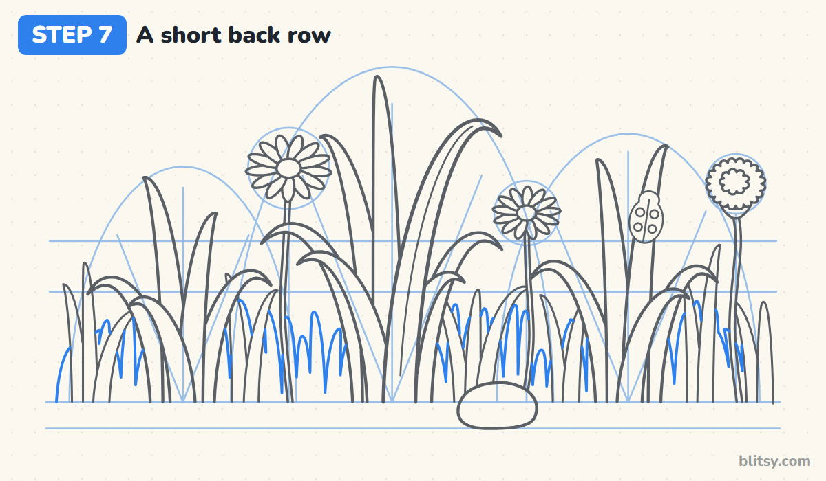 How to draw grass step by step step 7 - add a short back row